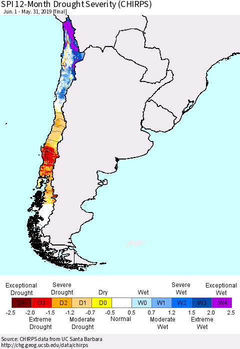 Chile SPI 12-Month Drought Severity (CHIRPS) Thematic Map For 6/1/2018 - 5/31/2019