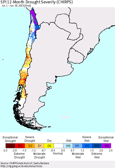 Chile SPI 12-Month Drought Severity (CHIRPS) Thematic Map For 7/1/2018 - 6/30/2019