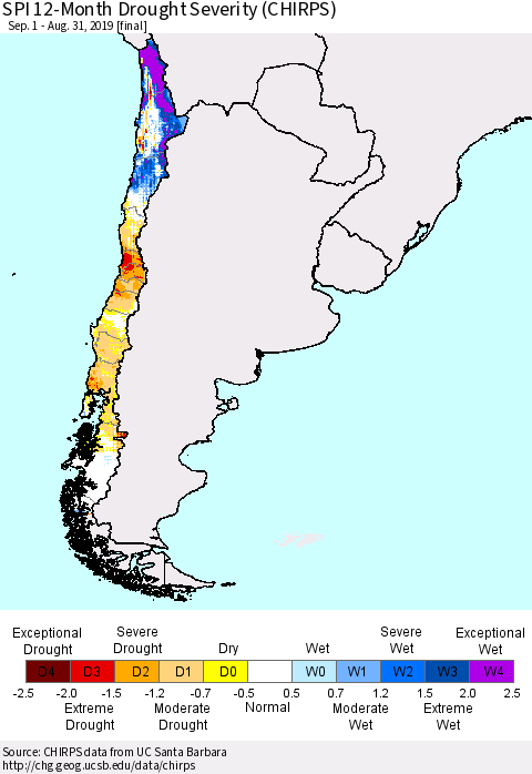 Chile SPI 12-Month Drought Severity (CHIRPS) Thematic Map For 9/1/2018 - 8/31/2019