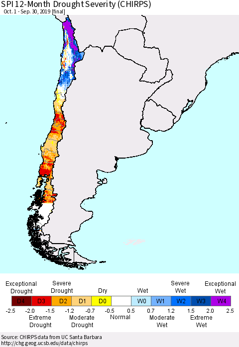 Chile SPI 12-Month Drought Severity (CHIRPS) Thematic Map For 10/1/2018 - 9/30/2019