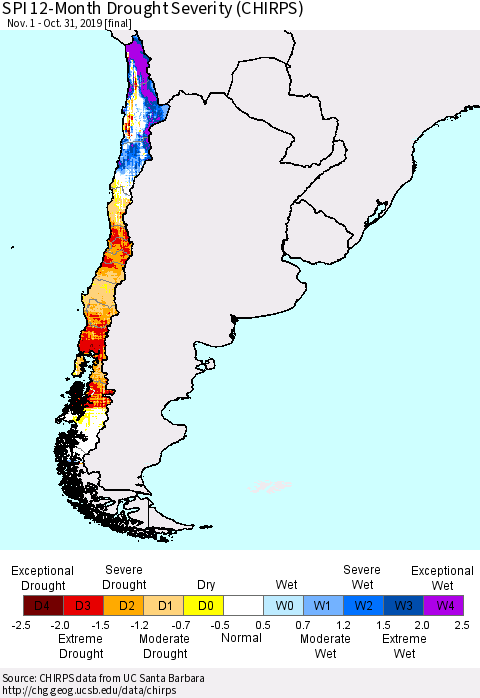 Chile SPI 12-Month Drought Severity (CHIRPS) Thematic Map For 11/1/2018 - 10/31/2019