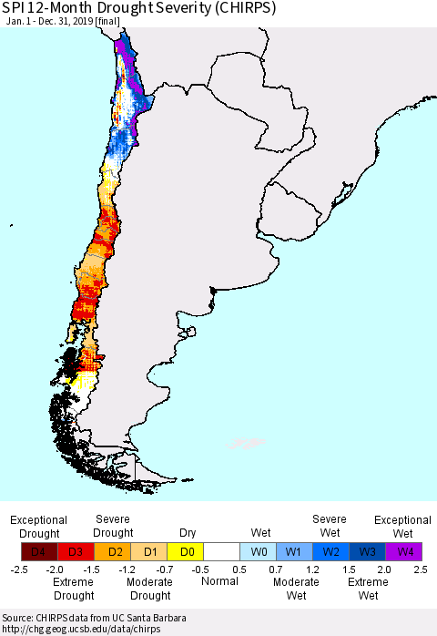Chile SPI 12-Month Drought Severity (CHIRPS) Thematic Map For 1/1/2019 - 12/31/2019