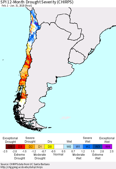 Chile SPI 12-Month Drought Severity (CHIRPS) Thematic Map For 2/1/2019 - 1/31/2020