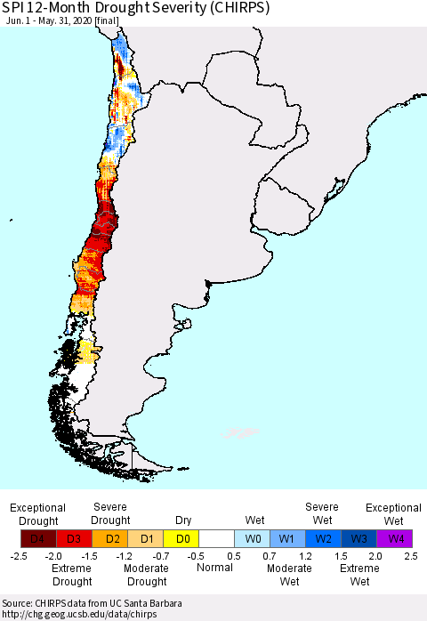 Chile SPI 12-Month Drought Severity (CHIRPS) Thematic Map For 6/1/2019 - 5/31/2020