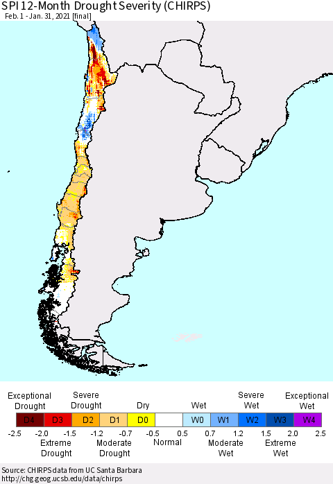 Chile SPI 12-Month Drought Severity (CHIRPS) Thematic Map For 2/1/2020 - 1/31/2021