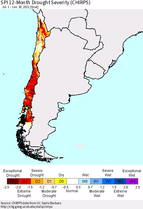 Chile SPI 12-Month Drought Severity (CHIRPS) Thematic Map For 7/1/2020 - 6/30/2021