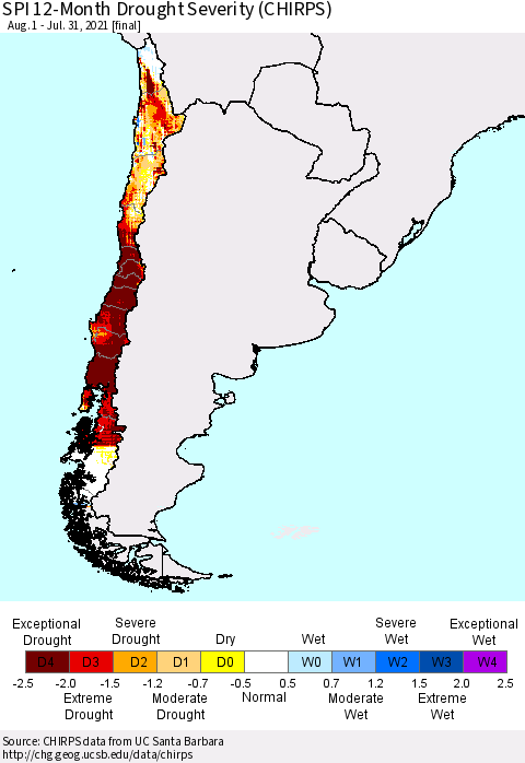 Chile SPI 12-Month Drought Severity (CHIRPS) Thematic Map For 8/1/2020 - 7/31/2021