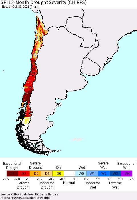 Chile SPI 12-Month Drought Severity (CHIRPS) Thematic Map For 11/1/2020 - 10/31/2021
