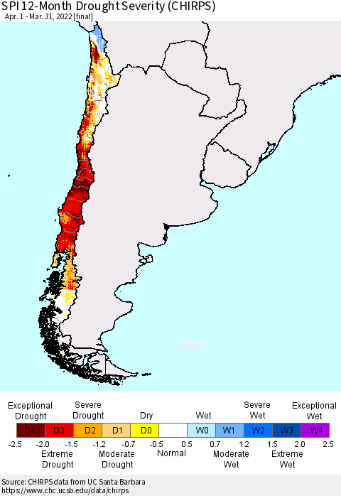 Chile SPI 12-Month Drought Severity (CHIRPS) Thematic Map For 4/1/2021 - 3/31/2022