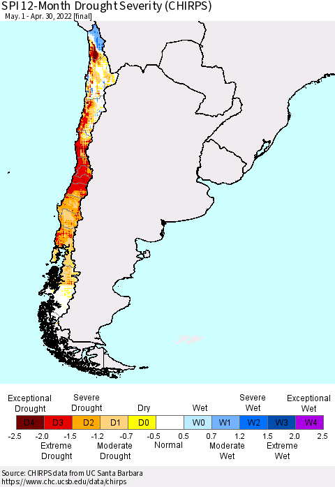 Chile SPI 12-Month Drought Severity (CHIRPS) Thematic Map For 5/1/2021 - 4/30/2022