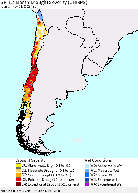 Chile SPI 12-Month Drought Severity (CHIRPS) Thematic Map For 6/1/2021 - 5/31/2022