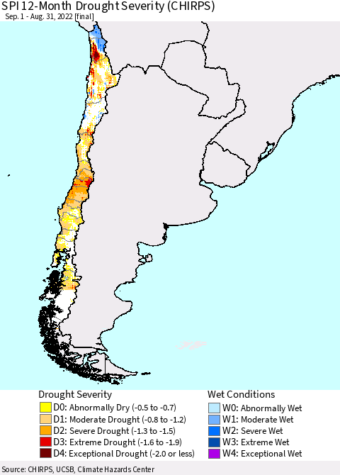 Chile SPI 12-Month Drought Severity (CHIRPS) Thematic Map For 9/1/2021 - 8/31/2022