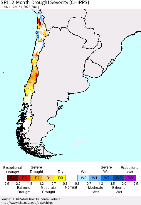 Chile SPI 12-Month Drought Severity (CHIRPS) Thematic Map For 1/1/2022 - 12/31/2022