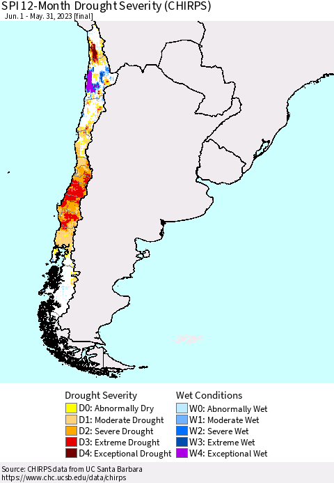 Chile SPI 12-Month Drought Severity (CHIRPS) Thematic Map For 6/1/2022 - 5/31/2023