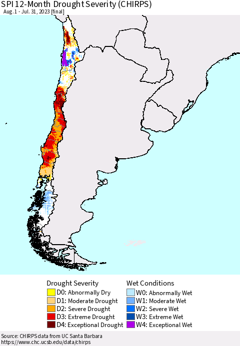 Chile SPI 12-Month Drought Severity (CHIRPS) Thematic Map For 8/1/2022 - 7/31/2023