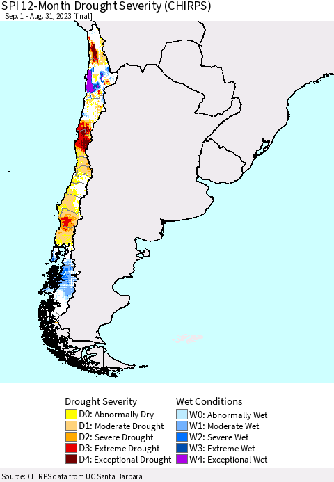 Chile SPI 12-Month Drought Severity (CHIRPS) Thematic Map For 9/1/2022 - 8/31/2023