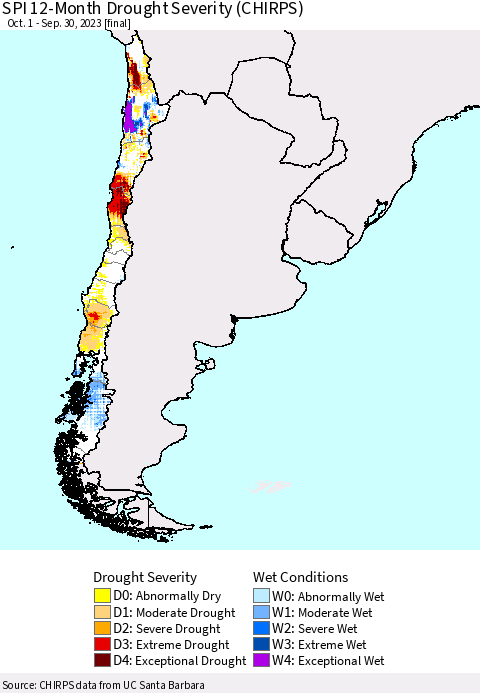 Chile SPI 12-Month Drought Severity (CHIRPS) Thematic Map For 10/1/2022 - 9/30/2023