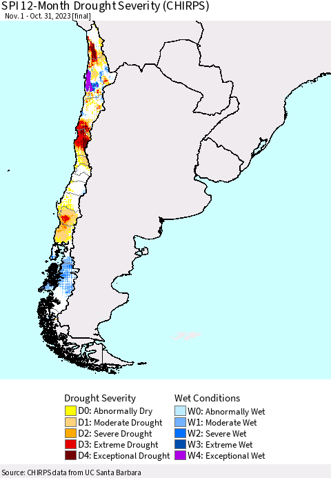 Chile SPI 12-Month Drought Severity (CHIRPS) Thematic Map For 11/1/2022 - 10/31/2023