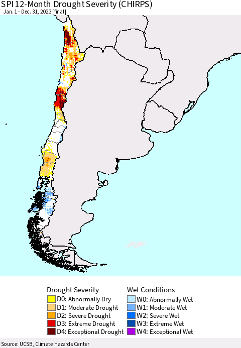 Chile SPI 12-Month Drought Severity (CHIRPS) Thematic Map For 1/1/2023 - 12/31/2023