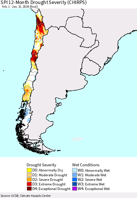 Chile SPI 12-Month Drought Severity (CHIRPS) Thematic Map For 2/1/2023 - 1/31/2024