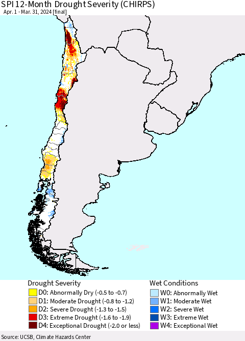 Chile SPI 12-Month Drought Severity (CHIRPS) Thematic Map For 4/1/2023 - 3/31/2024