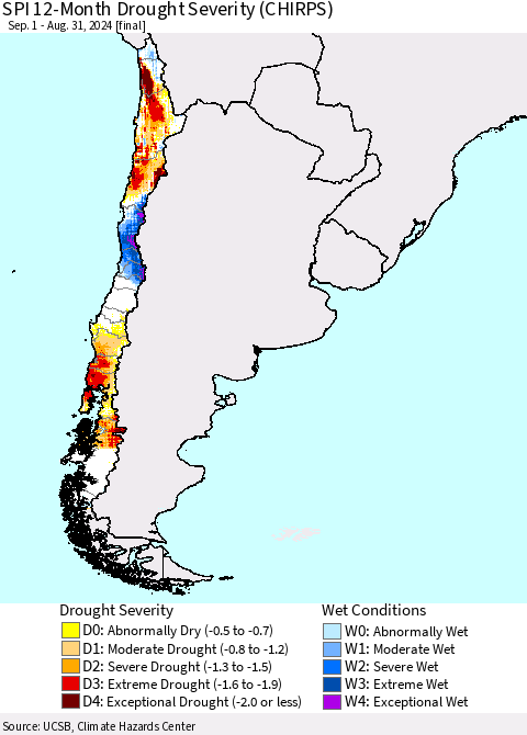 Chile SPI 12-Month Drought Severity (CHIRPS) Thematic Map For 9/1/2023 - 8/31/2024