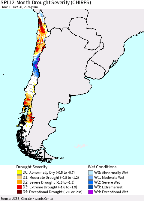Chile SPI 12-Month Drought Severity (CHIRPS) Thematic Map For 11/1/2023 - 10/31/2024