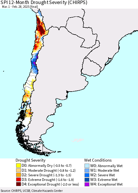 Chile SPI 12-Month Drought Severity (CHIRPS) Thematic Map For 3/1/2024 - 2/28/2025