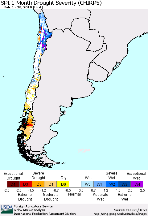 Chile SPI 1-Month Drought Severity (CHIRPS) Thematic Map For 2/1/2018 - 2/28/2018