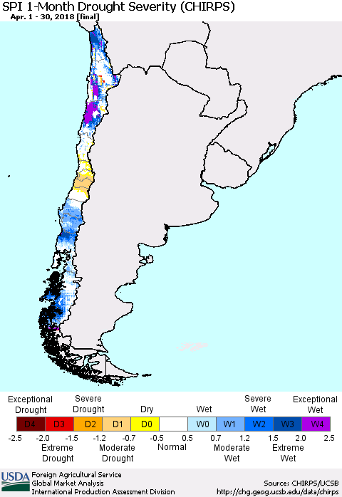 Chile SPI 1-Month Drought Severity (CHIRPS) Thematic Map For 4/1/2018 - 4/30/2018