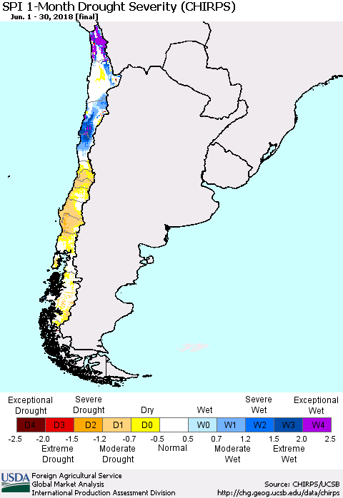 Chile SPI 1-Month Drought Severity (CHIRPS) Thematic Map For 6/1/2018 - 6/30/2018