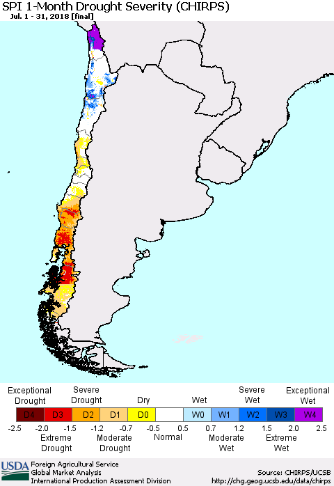 Chile SPI 1-Month Drought Severity (CHIRPS) Thematic Map For 7/1/2018 - 7/31/2018