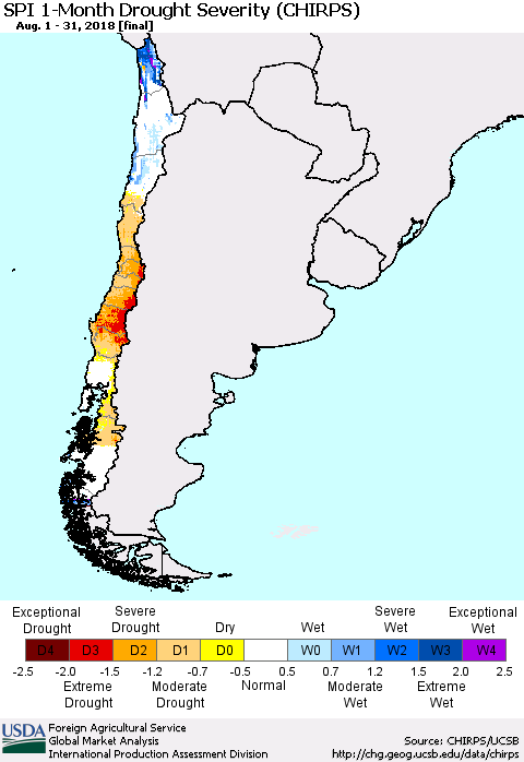 Chile SPI 1-Month Drought Severity (CHIRPS) Thematic Map For 8/1/2018 - 8/31/2018