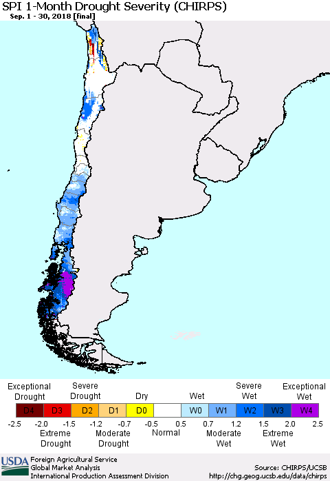 Chile SPI 1-Month Drought Severity (CHIRPS) Thematic Map For 9/1/2018 - 9/30/2018
