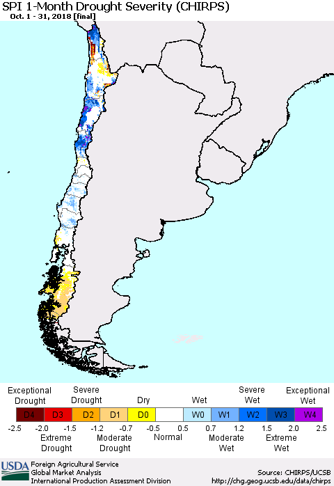 Chile SPI 1-Month Drought Severity (CHIRPS) Thematic Map For 10/1/2018 - 10/31/2018