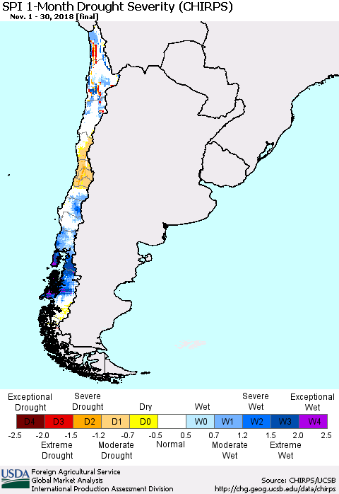 Chile SPI 1-Month Drought Severity (CHIRPS) Thematic Map For 11/1/2018 - 11/30/2018