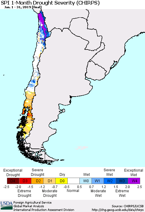 Chile SPI 1-Month Drought Severity (CHIRPS) Thematic Map For 1/1/2019 - 1/31/2019