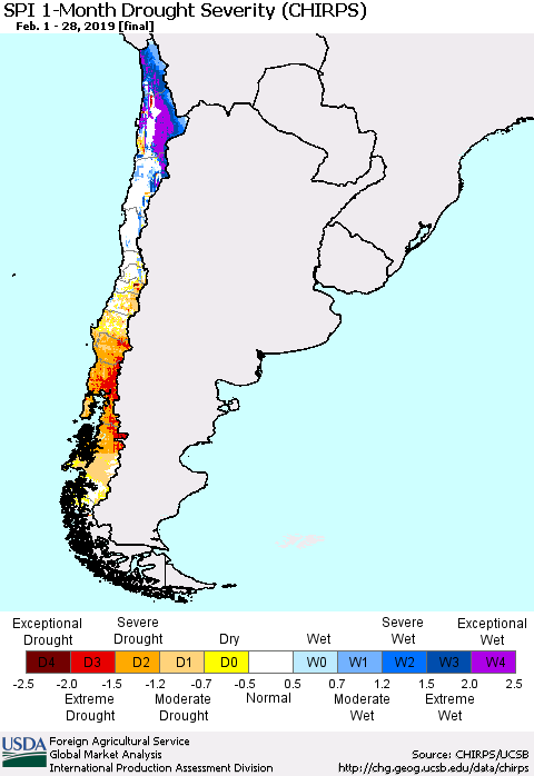 Chile SPI 1-Month Drought Severity (CHIRPS) Thematic Map For 2/1/2019 - 2/28/2019