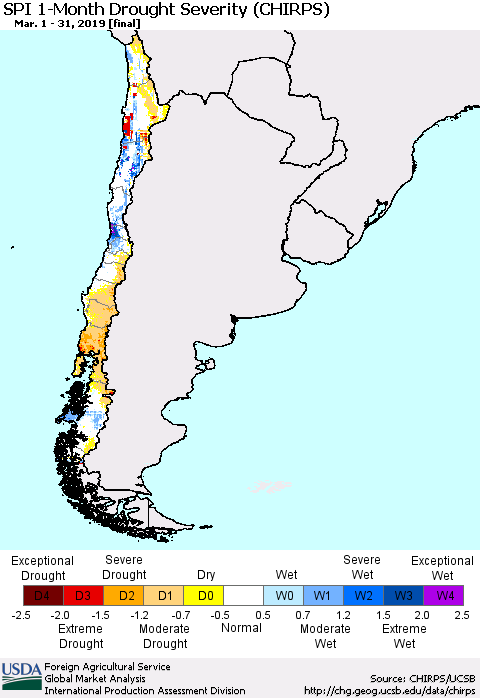 Chile SPI 1-Month Drought Severity (CHIRPS) Thematic Map For 3/1/2019 - 3/31/2019