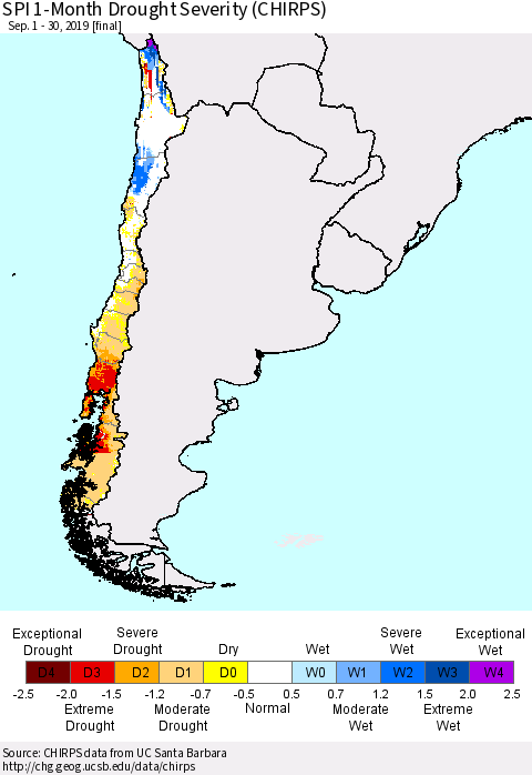 Chile SPI 1-Month Drought Severity (CHIRPS) Thematic Map For 9/1/2019 - 9/30/2019
