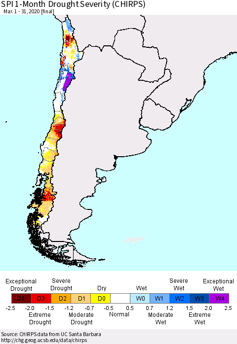 Chile SPI 1-Month Drought Severity (CHIRPS) Thematic Map For 3/1/2020 - 3/31/2020