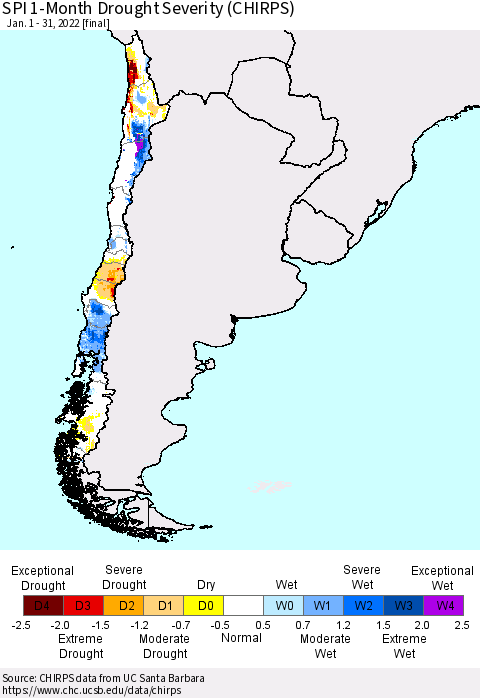 Chile SPI 1-Month Drought Severity (CHIRPS) Thematic Map For 1/1/2022 - 1/31/2022