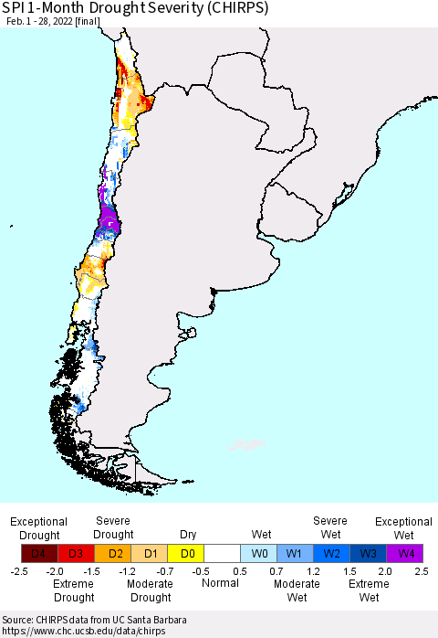 Chile SPI 1-Month Drought Severity (CHIRPS) Thematic Map For 2/1/2022 - 2/28/2022