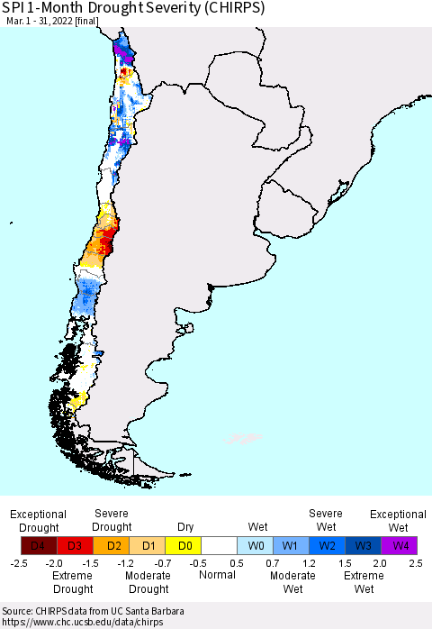 Chile SPI 1-Month Drought Severity (CHIRPS) Thematic Map For 3/1/2022 - 3/31/2022