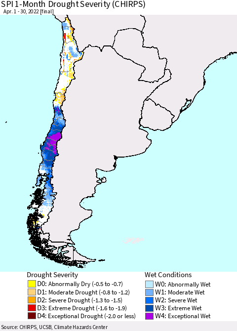 Chile SPI 1-Month Drought Severity (CHIRPS) Thematic Map For 4/1/2022 - 4/30/2022