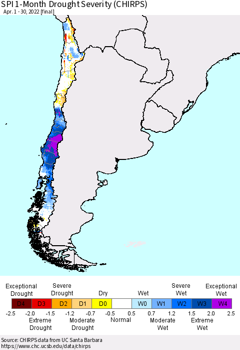Chile SPI 1-Month Drought Severity (CHIRPS) Thematic Map For 4/1/2022 - 4/30/2022