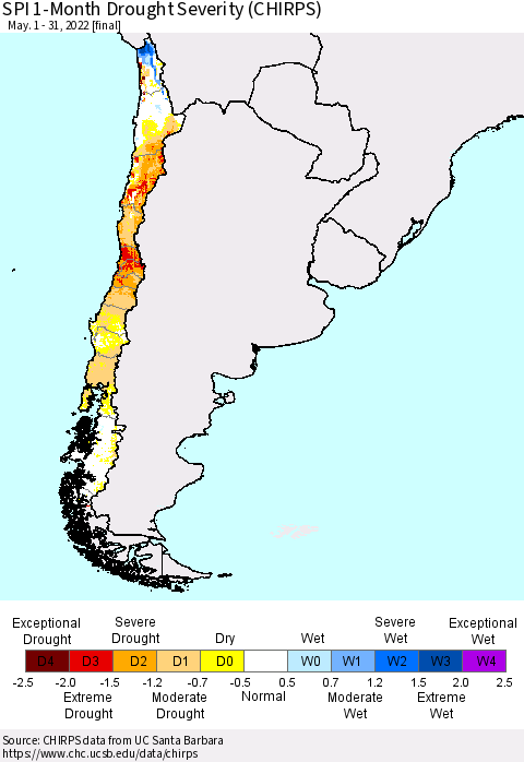 Chile SPI 1-Month Drought Severity (CHIRPS) Thematic Map For 5/1/2022 - 5/31/2022