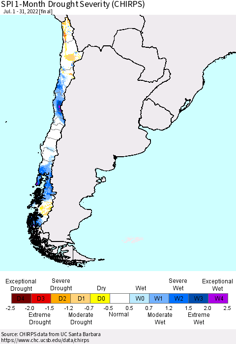 Chile SPI 1-Month Drought Severity (CHIRPS) Thematic Map For 7/1/2022 - 7/31/2022