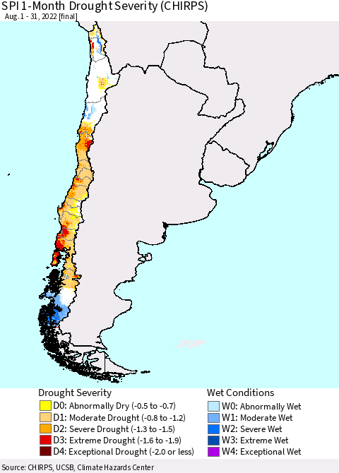 Chile SPI 1-Month Drought Severity (CHIRPS) Thematic Map For 8/1/2022 - 8/31/2022