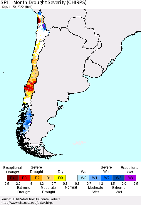 Chile SPI 1-Month Drought Severity (CHIRPS) Thematic Map For 9/1/2022 - 9/30/2022